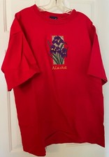 Vintage Alaska Embroidered Flowers T Shirt Oarsman Size XL Red Made In USA