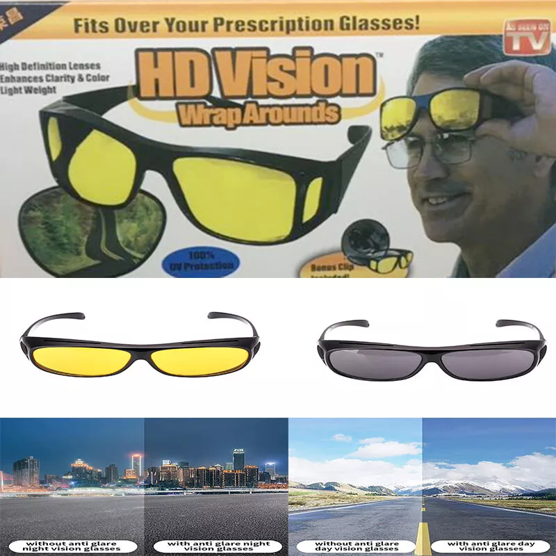 2 Pairs HD Night Day Vision Wraparound Driving Glasses Sunglasses As Seen  on TV