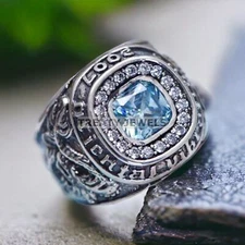 Aquamarine Cushion Cut Gemstone With 925 Sterling Silver Ring For Men's #140