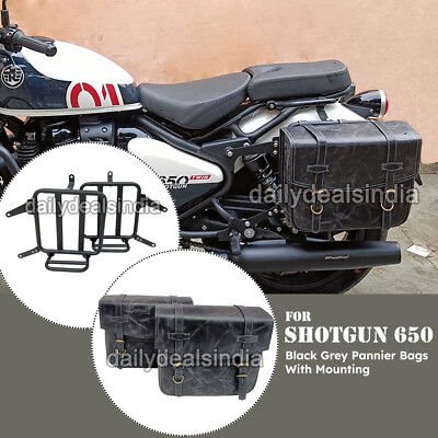 Fit Für Royal Enfield Shotgun 650 Schwarz Grau Leder Beutel & Tragkorb Halterung
