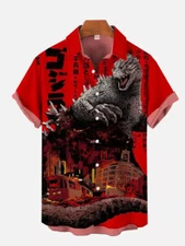 SALEJapanese Classic Movie Godzilla Art 3D Print Button Up Hawaiian Lapel Shirt
