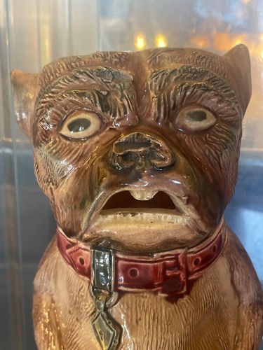 RARO PERRO Antigua Mayólica Grande 11" DIENTES FRANCESES Jarra Pug Bulldog ARTE CERÁMICA - Imagen 7 de 13
