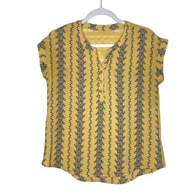 Mine Floral Short Cap Sleeves Split Neck Lace Back Blouse Small Yellow Top Fall