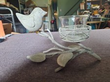 Small Gray Metal Single Candle Holder featuring Bird and Leaves