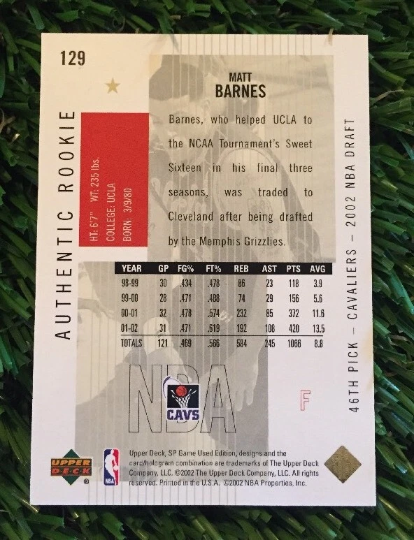 2002-03 SP Game Used Authentic Rookie Gold #129 Matt Barnes #ED /50 Cavaliers - Image 3 of 3