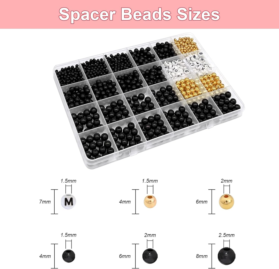 1000+Pcs 8/6/4mm Black Round Beads for Jewelry Making Kit with Letter