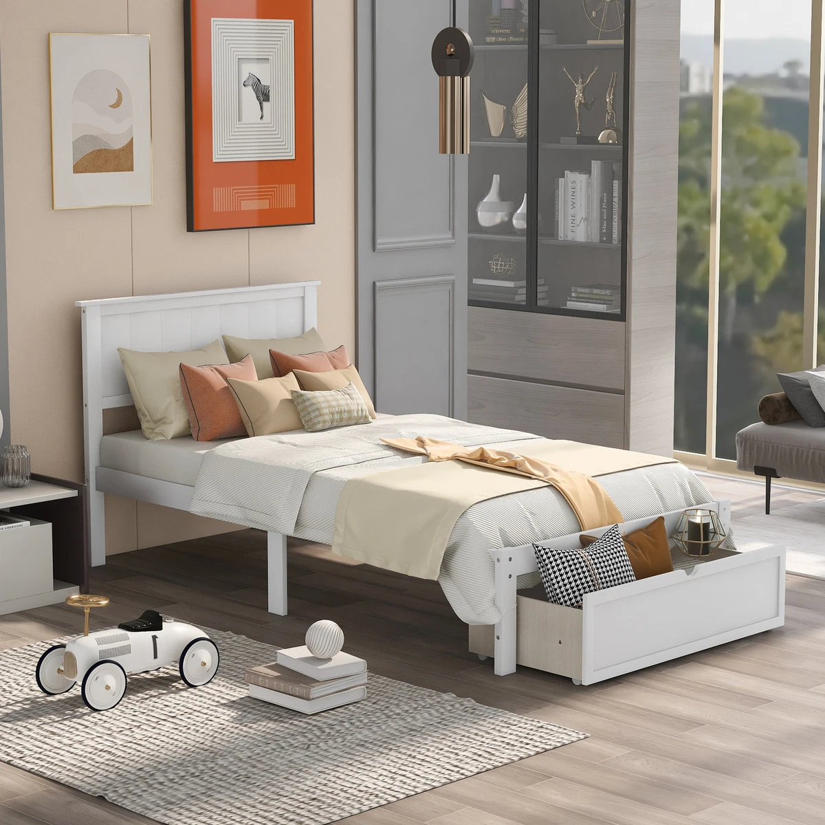 Modern Twin Size Platform Bed Frame with Headboard Drawer Slatted