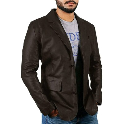 Brown Men Leather Blazer 100% Pure Lambskin 2 Button Custom Made Coat Blazer