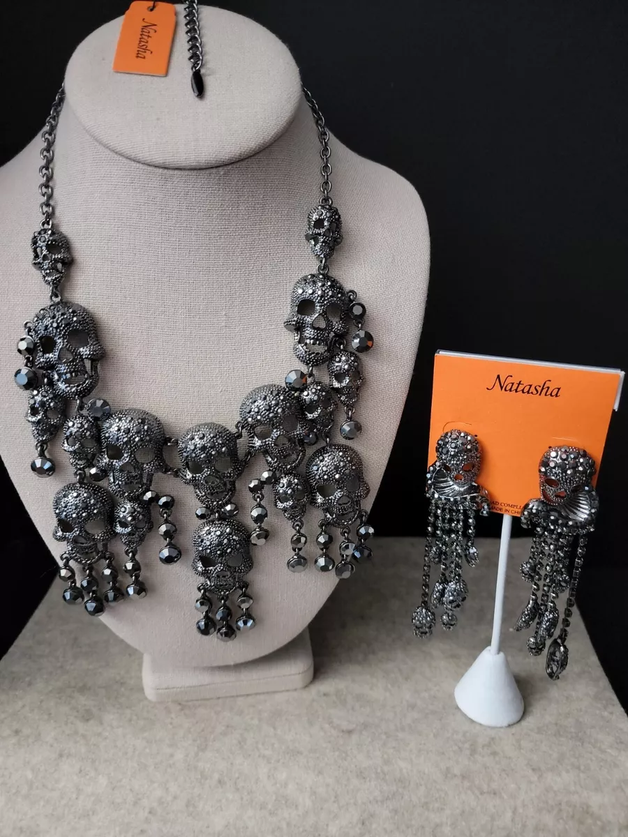 NATASHA Skull Rhinestone Statement Necklace With Dangle Skull Earrings NWT