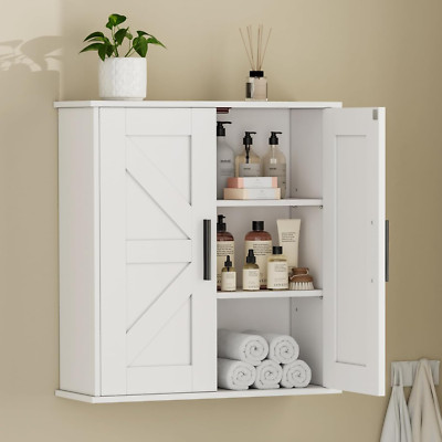 Over Toilet Storage Cabinet with Barn Doors & Adjustable Shelves, White