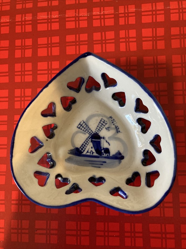 Delft Heart Ornament Bowl with Windmill AND Windmill Trivet From Paris France