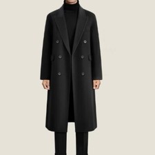 Men Long Overcoat Black Wool Blend Coat Winter Business Outwear Double Breasted