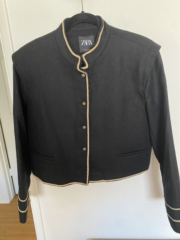 NWT ZARA Woman Wool Blended Jacket US L( 40”B) Black W/ Gold Trim NWT