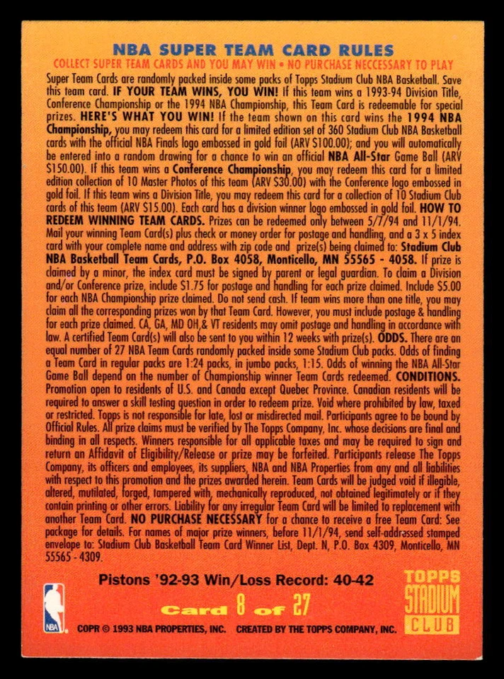 1993-94 Stadium Club #8 Detroit Pistons Super Teams - Image 2 of 2