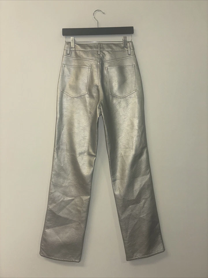 Pantalones metálicos de imitación de cuero para mujer plateados talla 4 H&M concierto evento Cybercore Rock Foto 3 de 3