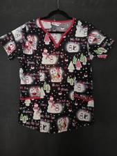 UA Scrubs Womens Scrub Top Size S Black with Penguins Reindeer Snowmen Holidays
