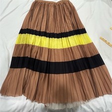 Maeve Anthropologie Striped Micro Pleated Midi Skirt Tan Navy Neon Yellow Small