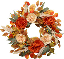 24 Inch Fall Wreath for Front Door, Autumn Harvest Wreaths with Yellow Leaves, P