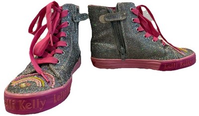Lelli Kelly SPARKLE PINK High Top Shoes Size 34 US 2.5/3 Rainbow Heart Silver