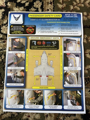 U.S. AIR FORCE C-17 GLOBEMASTER III Safety Card Booklet