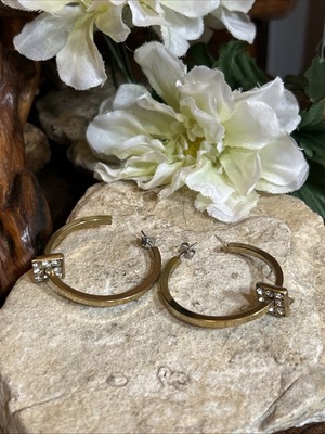 32. DYRBERG/KERN Gold tone White Crystal Hoop Stud Earrings 2 3/8''