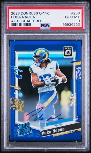 2023 Optic LA Rams PUKA NACUA RC/Rookie Blue Auto /99 #238 PSA 10 - POP 25