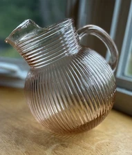 Hazel Atlas Pink Pitcher Fine Ribbed Glass 80 Ounce Ball Jug Depression Glass