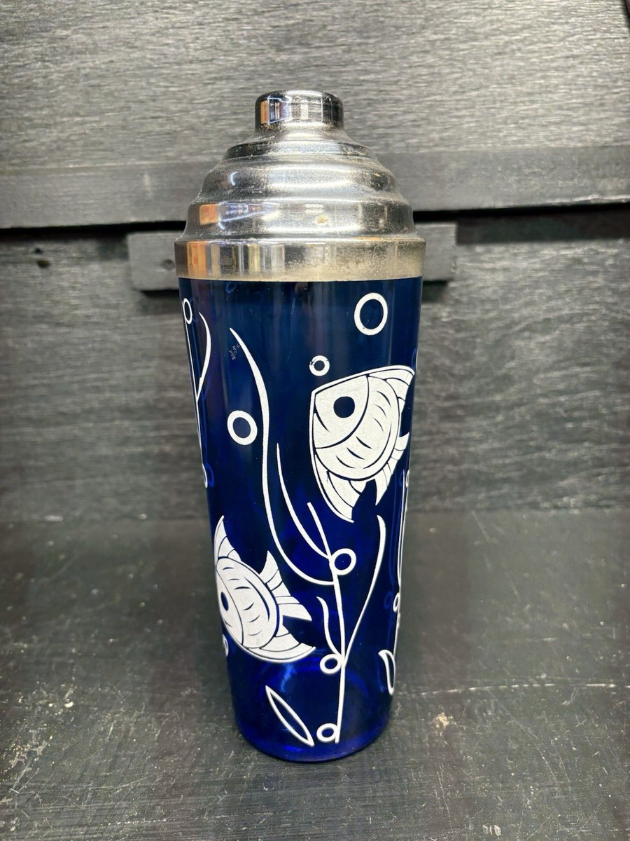 Vintage Hazel Atlas Cobalt Blue Fish Fish Cocktail Shaker, Bowl