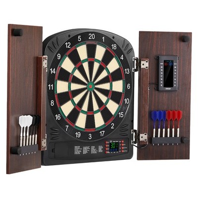 Dartboard Cabinet Set 13.5'' Electronic Scoring 40 Games Brown