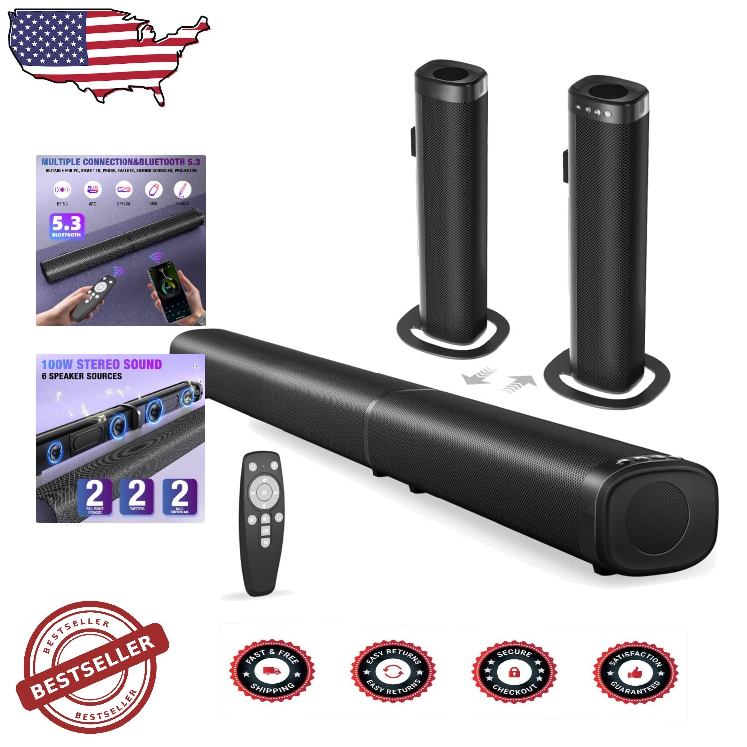 Bar For Tv - 2-in-1 Detachable, Bluetooth 5.3, 3d Surround, Arc/op...