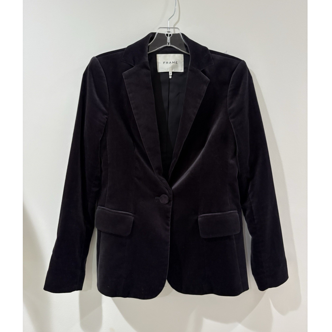 FRAME Women's Black Velvet Notch Lapel One-Button Lined Blazer Size 0