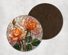 Blooming Rose Flowers Spring Stained Glass Style Round Coaster Tea Coffee Gift