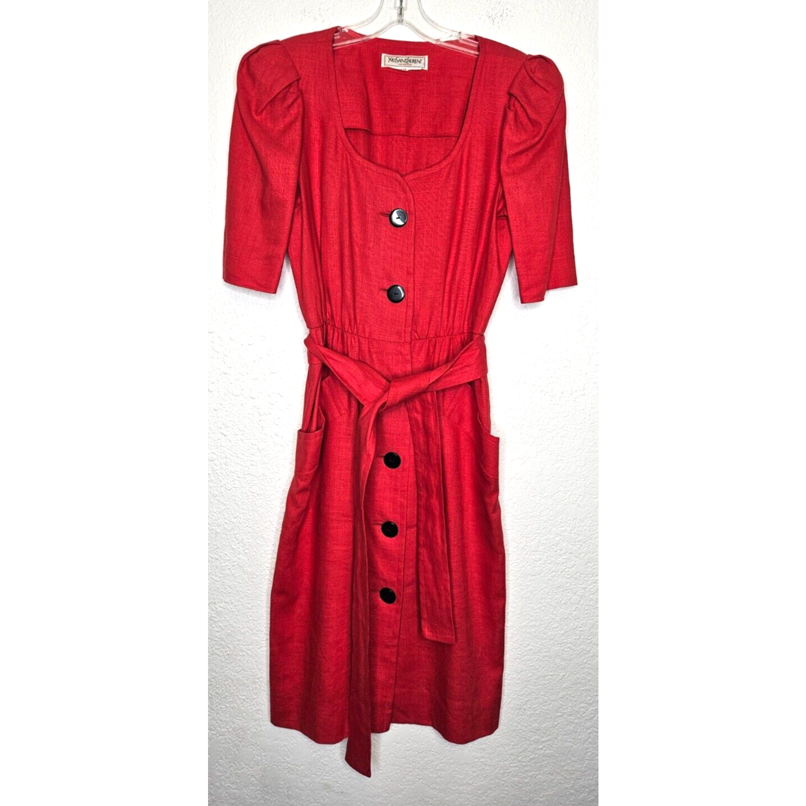 Abito donna vintage Yves Saint Laurent 40 rosso lino cintura bottoni manica a sbuffo