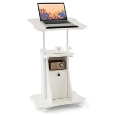 Mobile Podium Stand Office Laptop Cart w/ Storage Adjustable Height White