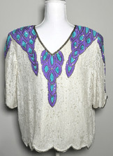 Vtg 80s White Silk Beaded Sequin Top Purple Teal Disco Glam Party XL Glittercore