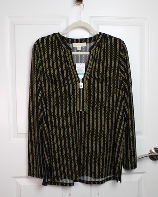 NWT Michael Kors Black Pullover Blouse Gold Chain Print Split Neck Long Sleeve L