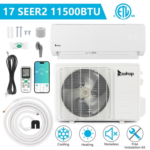 ZOKOP Wifi 17 SEER2 11500BTU Ductless Mini Split AC Heating System Inverter Home
