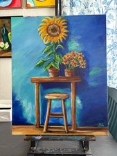 "Blue Stillness" Sunflowers Painting 16 X 20” Hand Painted Not A Print