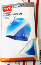 TYR Sport Graphic Silicone Swim Cap Size Youth Fit For Ages 10 Blue Swimming Jr