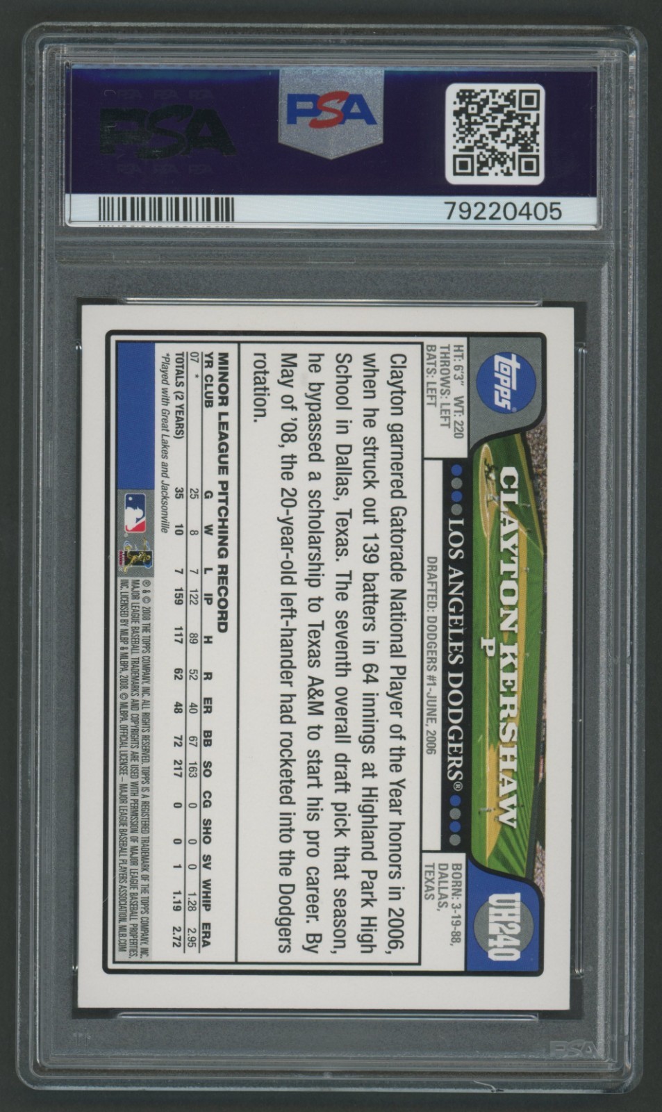 2008 Topps Update GOLD FOIL Clayton Kershaw Rookie RC 240 PSA 9 MINT view 2