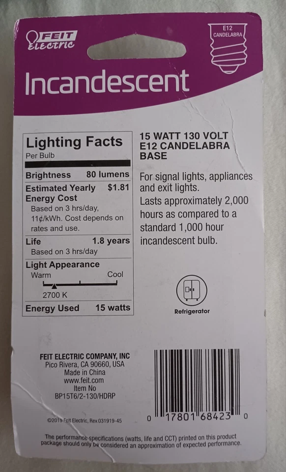 Feit 15w 130v E12 Candelabra Base BP15T6/2-130/HDRP 2 Light Bulbs - Image 2 of 2