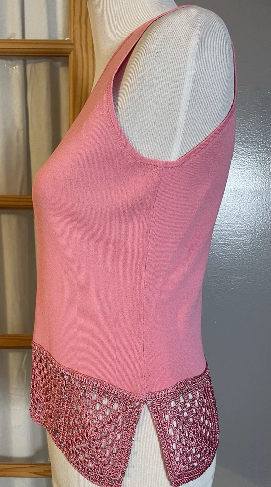 Camiseta sin mangas Y2K Joseph A años 90 para mujer talla L crochet rosa tejido tachuelas fiesta carrera Foto 3 de 4