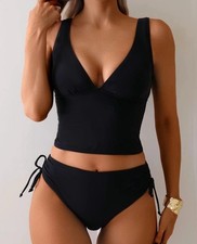 Women's Solid V Neck Tankink Set Drawstring Swim Bottom New Black Medium