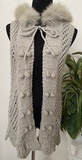 Joy Joy Gray Sleeveless Pompom Knit Vest With Real Fur Hood Sz S/m Euc