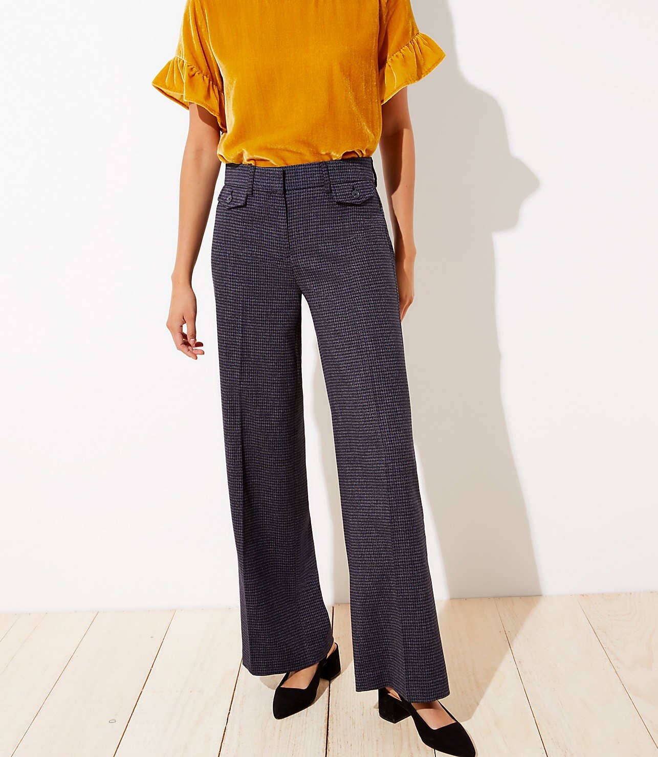 Loft NWT Womens Tall Houndstooth High Waist Wide Leg Pants Size 2 Navy/white  | eBay