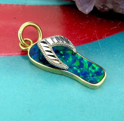 14k White Yellow Gold Opal Inlay Beach Sandal Flip Flop Charm