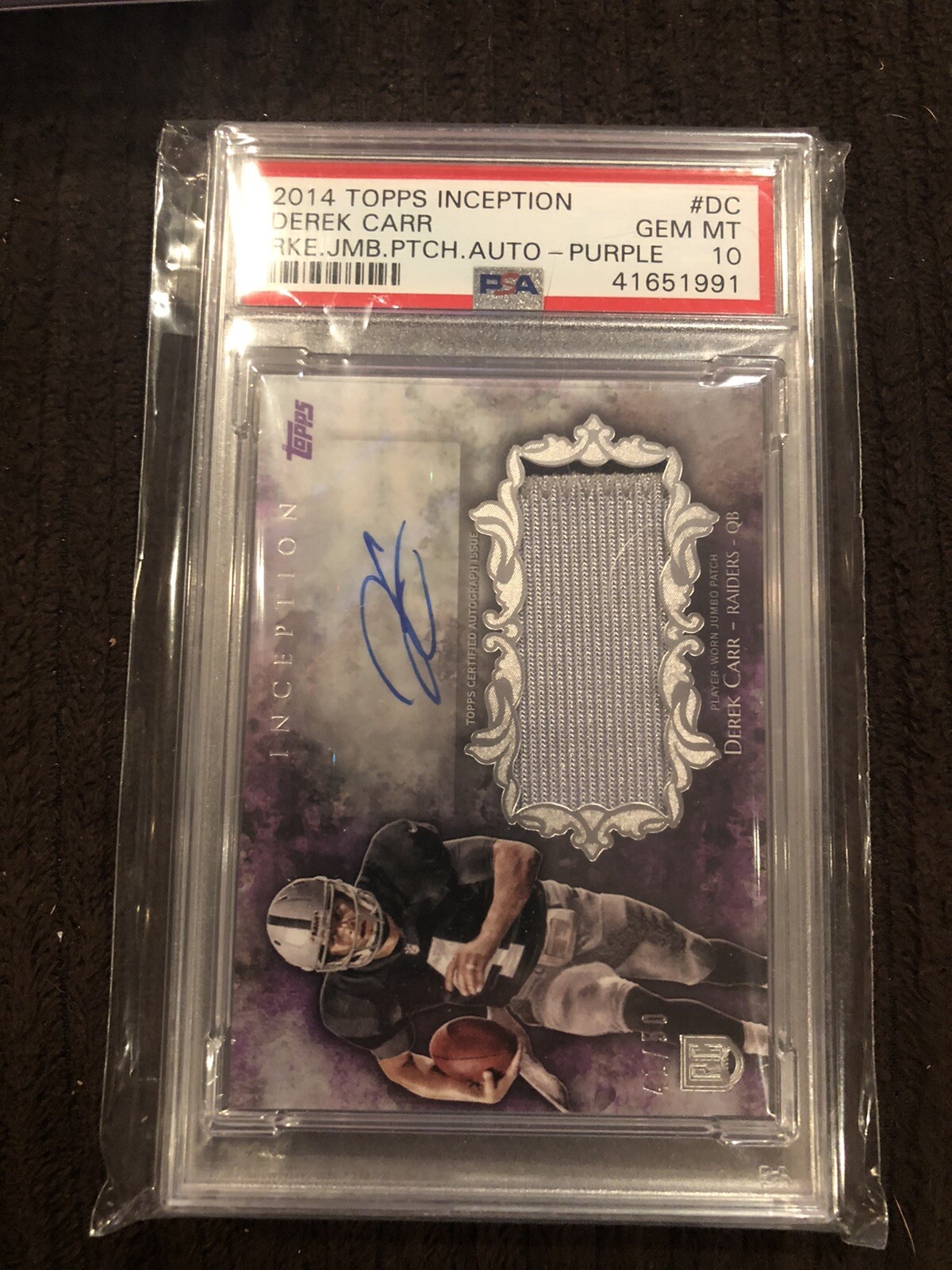 Derek Carr Topps Inception Rookie Jumbo Patch Autographs #DC Purple
