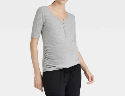 Women’s Isabel Maternity Short Sleeve Ruched Side Henley Top Gray M