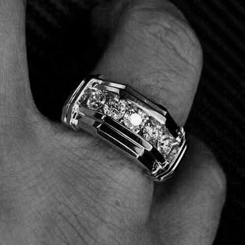 3Ct Round Cut Lab-Created Diamond Wedding Band Ring Men's 14K White Gold Plated - Image 2 of 4