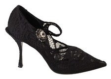 DOLCE & GABBANA Shoes Mary Jane Pumps Black Lace Crystals Heels EU38/US7.5 $1000